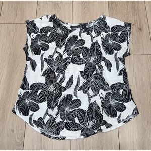 Tahari 100% Linen Black White Floral Cap Sleeve Top Lightweight Womens Medium